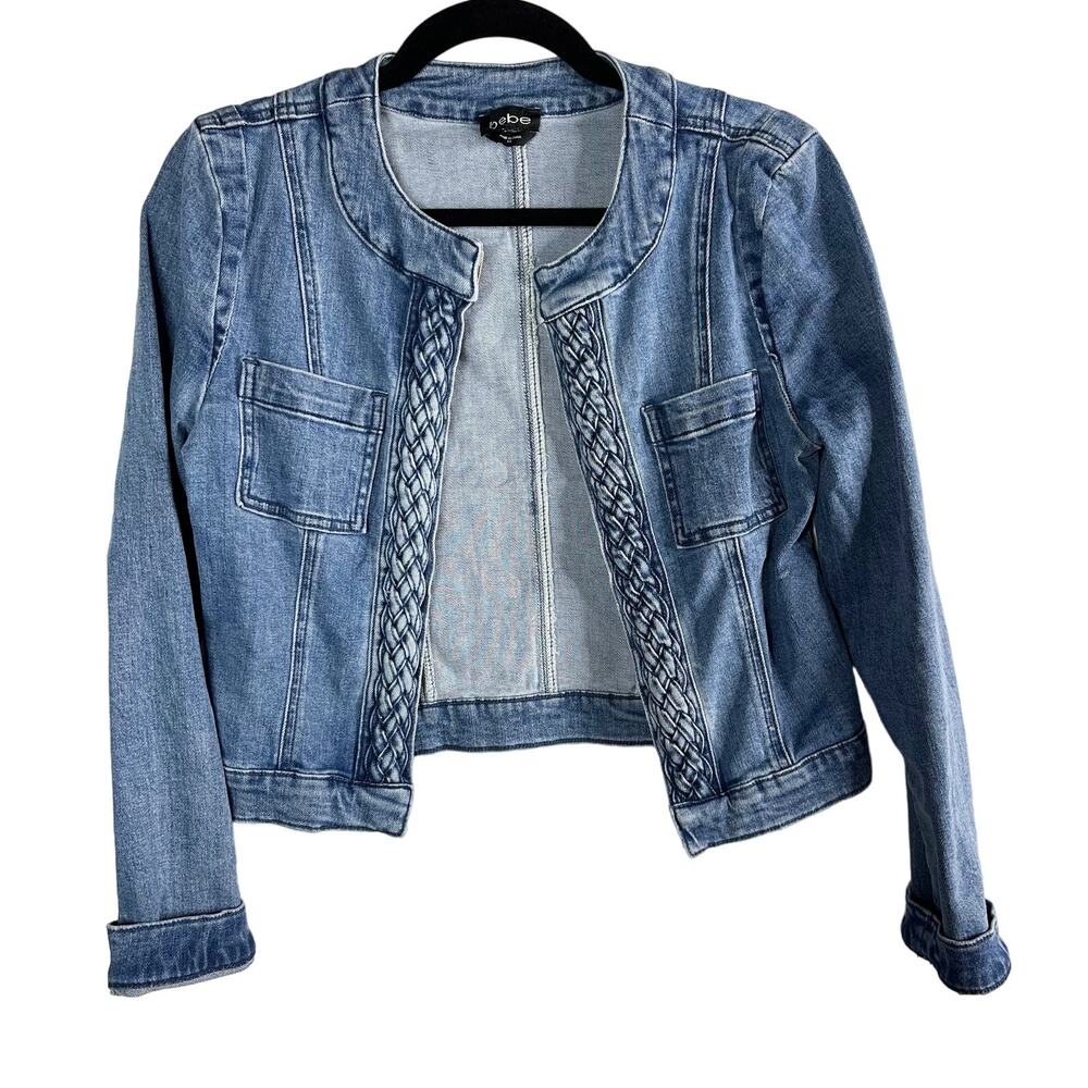 Bebe XSmall XS Blue Braided Trim Denim Jacket Medium Wash Stretch Cotton Fitted